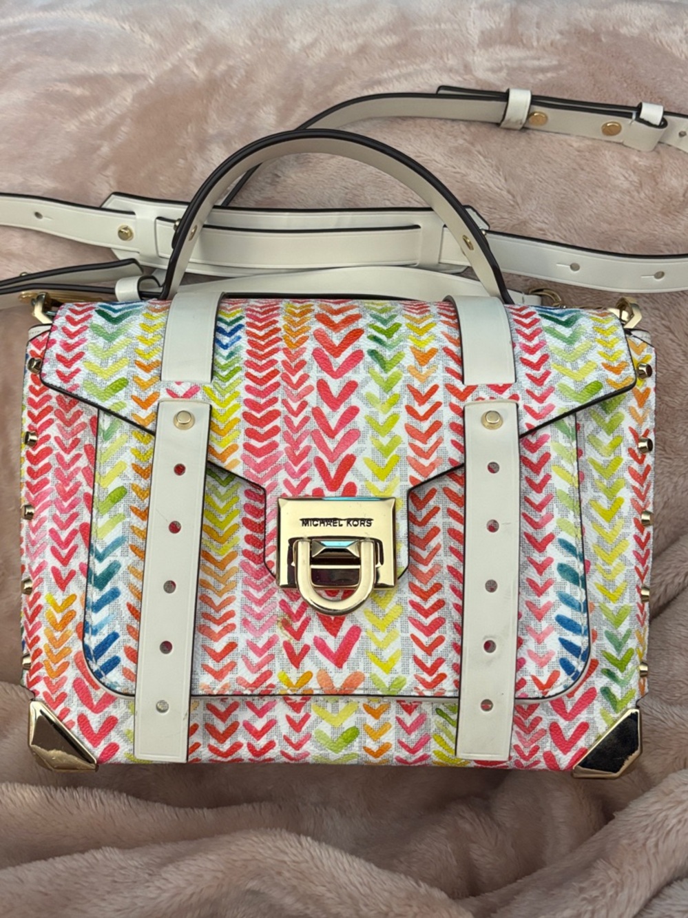 MICHAEL Michael Kors Multicolor Patterned Top-Handle Satchel with White Trim